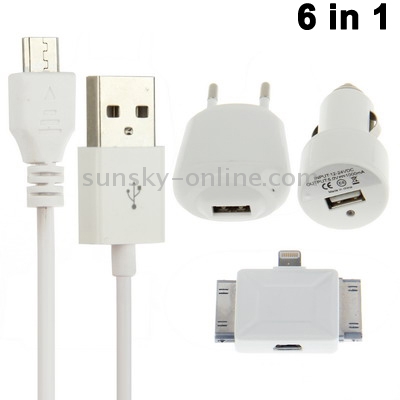 6 in 1 (EU Plug USB Charger, Car Charger, USB Cable, 8 Pin+30 Pin+Tab 30 Pin+Micro USB Adapter) Travel Kit 6 in 1 (EU Plug USB Charger, Car Charger, USB Cable, 8 Pin+30 Pin+Tab 30 Pin+Micro USB Adapter) Travel Kit