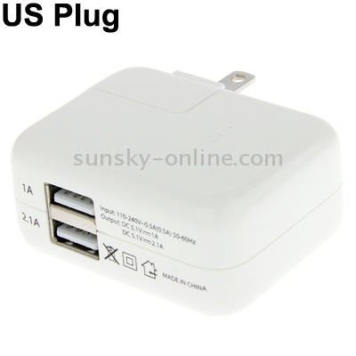 5.1V / 1A & 2.1A High Quality US Plug 2-USB Charger Adapter