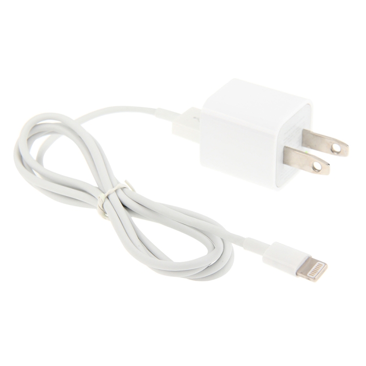2 in 1 5V 1A US Plug Travel Charger Adapter with 1m 8-pin Cable For iPhone(White)