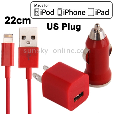 3 in 1 (5V 1A US Plug Travel Charger Adapter + Car Charger + 22cm 8-pin Sync Charge Cable) for iPhone 6 & 6 Plus, iPhone 5 / iPod Touch 5(Red) 3 in 1 (5V 1A US Plug Travel Charger Adapter + Car Charger + 22cm 8-pin Sync Charge Cable) for iPhone 6 & 6 Plus, iPhone 5 / iPod Touch 5(Red)