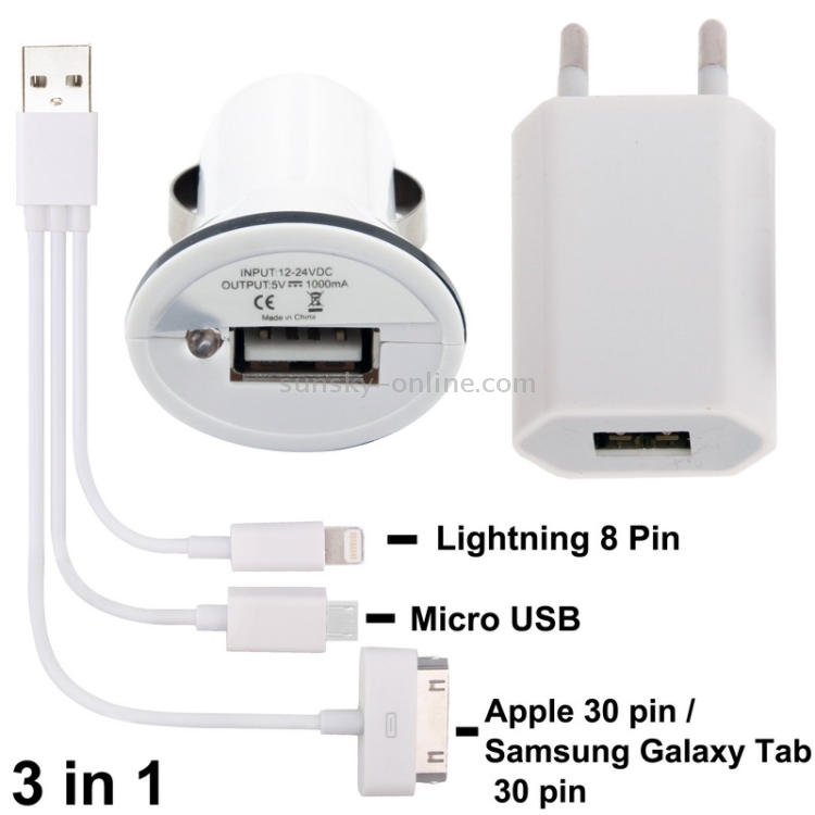 3 in 1 ( 20cm iPhone 30 Pin / Tab 30 Pin + Micro USB Cable, EU Plug Travel Charger, Car Charger) Travel Kit 3 in 1 ( 20cm iPhone 30 Pin / Tab 30 Pin + Micro USB Cable, EU Plug Travel Charger, Car Charger) Travel Kit