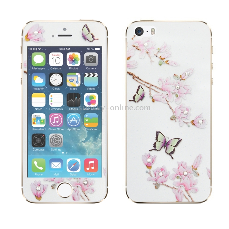 Colorized Relief Magnolia Pattern Diamond Encrusted 0.3mm 9H+ Surface Hardness Full Screen Front and Back Explosion-proof Tempered Glass Film for iPhone 5 & 5S Colorized Relief Magnolia Pattern Diamond Encrusted 0.3mm 9H+ Surface Hardness Full Screen Front and Back Explosion-proof Tempered Glass Film for iPhone 5 & 5S