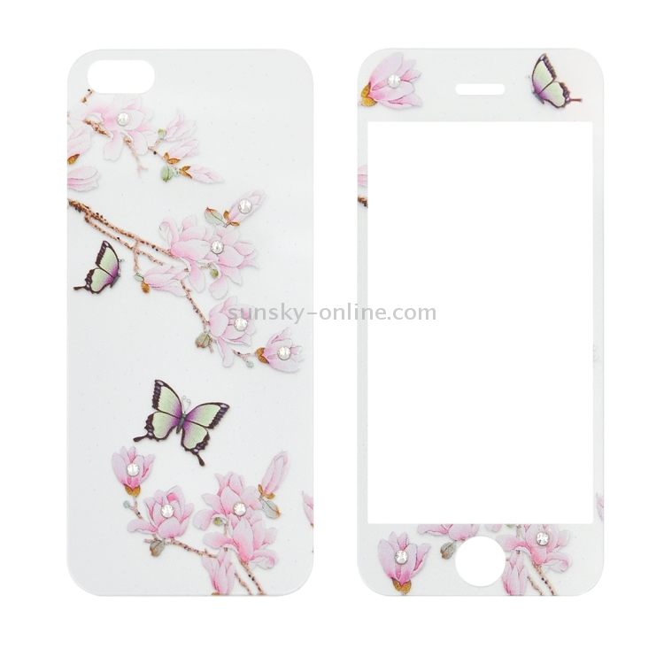 Colorized Relief Magnolia Pattern Diamond Encrusted 0.3mm 9H+ Surface Hardness Full Screen Front and Back Explosion-proof Tempered Glass Film for iPhone 5 & 5S Colorized Relief Magnolia Pattern Diamond Encrusted 0.3mm 9H+ Surface Hardness Full Screen Front and Back Explosion-proof Tempered Glass Film for iPhone 5 & 5S