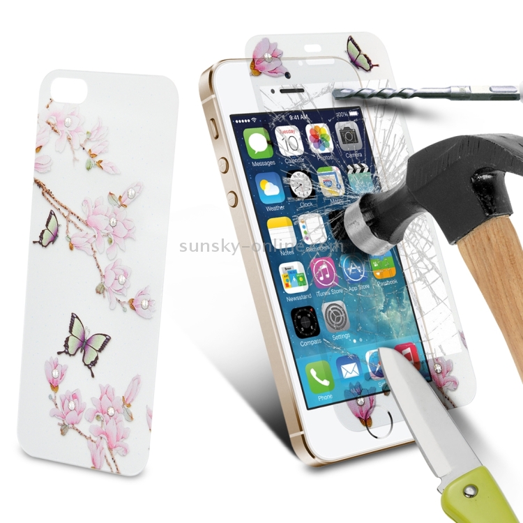Colorized Relief Magnolia Pattern Diamond Encrusted 0.3mm 9H+ Surface Hardness Full Screen Front and Back Explosion-proof Tempered Glass Film for iPhone 5 & 5S Colorized Relief Magnolia Pattern Diamond Encrusted 0.3mm 9H+ Surface Hardness Full Screen Front and Back Explosion-proof Tempered Glass Film for iPhone 5 & 5S
