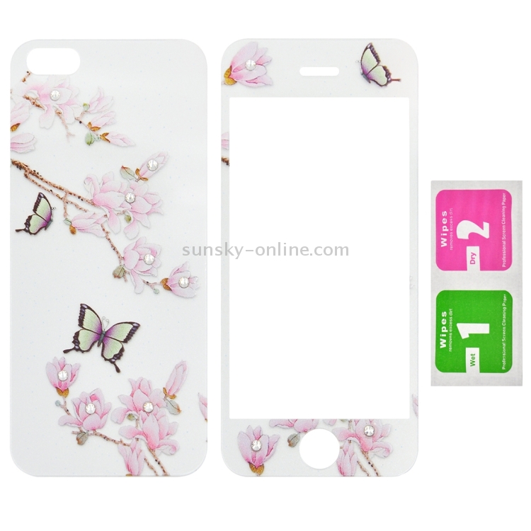 Colorized Relief Magnolia Pattern Diamond Encrusted 0.3mm 9H+ Surface Hardness Full Screen Front and Back Explosion-proof Tempered Glass Film for iPhone 5 & 5S Colorized Relief Magnolia Pattern Diamond Encrusted 0.3mm 9H+ Surface Hardness Full Screen Front and Back Explosion-proof Tempered Glass Film for iPhone 5 & 5S