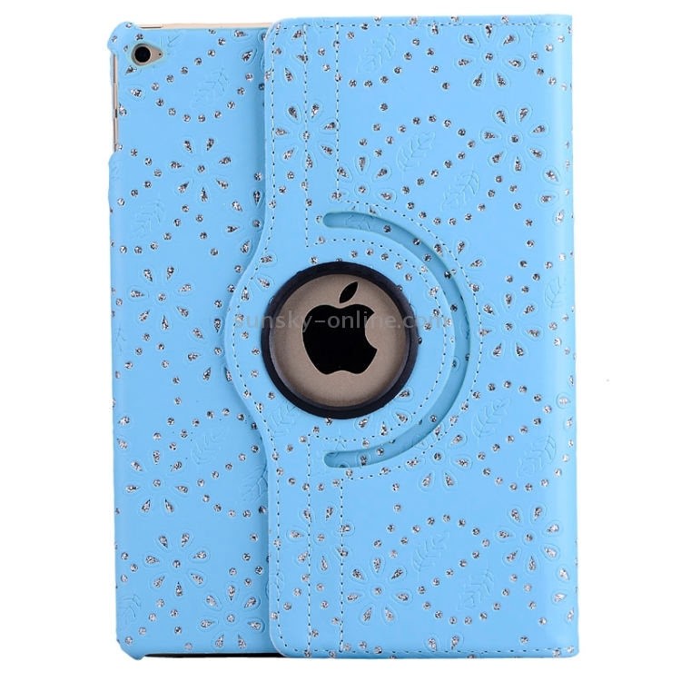 Flower of Palace Pattern 360 Degree Rotation Diamond-encrusted Leather Case with 3 Gears Holder for iPad Air 2 / iPad 6(Blue)