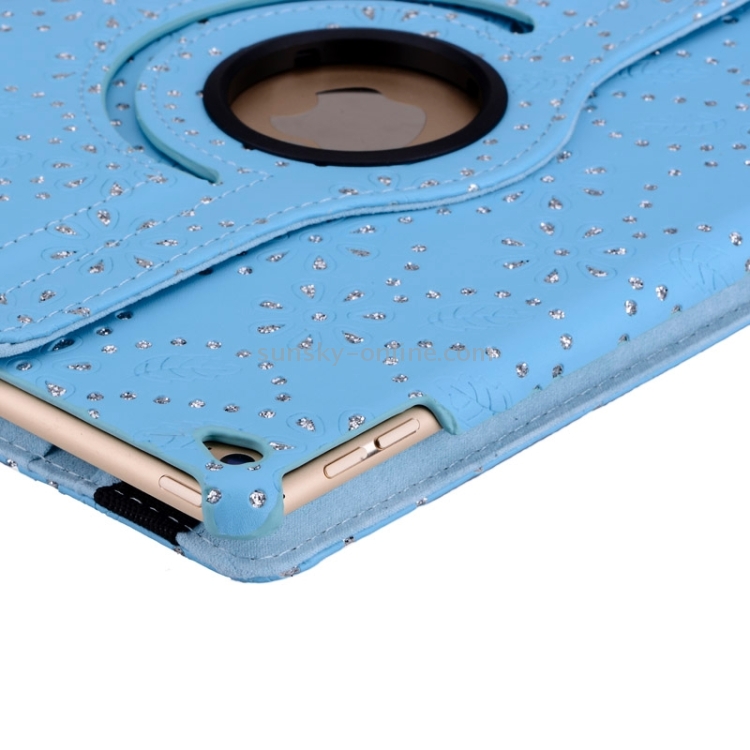 Flower of Palace Pattern 360 Degree Rotation Diamond-encrusted Leather Case with 3 Gears Holder for iPad Air 2 / iPad 6(Blue)