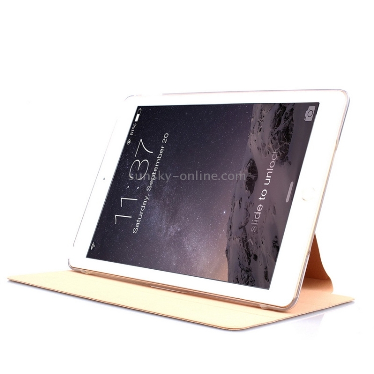 Ultra-thin Transparent Frosted PC + Plaid Texture Leather Case with Holder & Sleep / Wake-up Function for iPad Air 2 / iPad 6(Gold) Ultra-thin Transparent Frosted PC + Plaid Texture Leather Case with Holder & Sleep / Wake-up Function for iPad Air 2 / iPad 6(Gold)