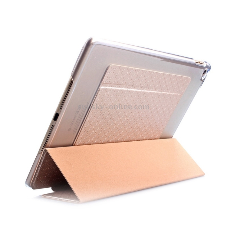 Ultra-thin Transparent Frosted PC + Plaid Texture Leather Case with Holder & Sleep / Wake-up Function for iPad Air 2 / iPad 6(Gold) Ultra-thin Transparent Frosted PC + Plaid Texture Leather Case with Holder & Sleep / Wake-up Function for iPad Air 2 / iPad 6(Gold)