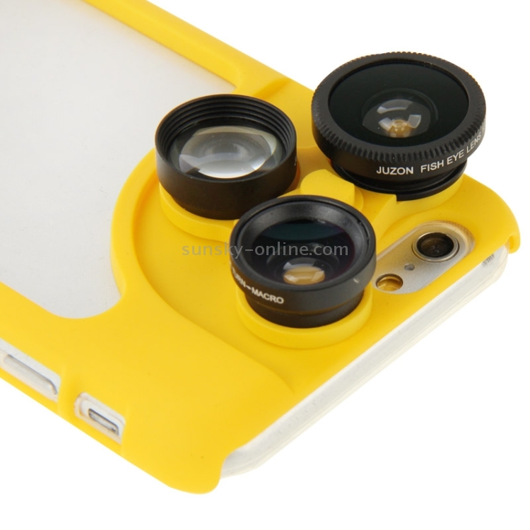 JUNZON 4 in 1 180 Degrees Fisheye Lens + Macro Lens + 2x Telephoto Lens with Phone Case for iPhone 6(Yellow) JUNZON 4 in 1 180 Degrees Fisheye Lens + Macro Lens + 2x Telephoto Lens with Phone Case for iPhone 6(Yellow)