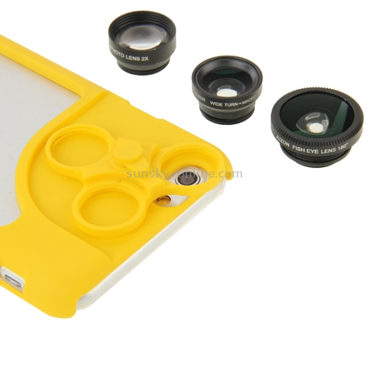 JUNZON 4 in 1 180 Degrees Fisheye Lens + Macro Lens + 2x Telephoto Lens with Phone Case for iPhone 6(Yellow) JUNZON 4 in 1 180 Degrees Fisheye Lens + Macro Lens + 2x Telephoto Lens with Phone Case for iPhone 6(Yellow)