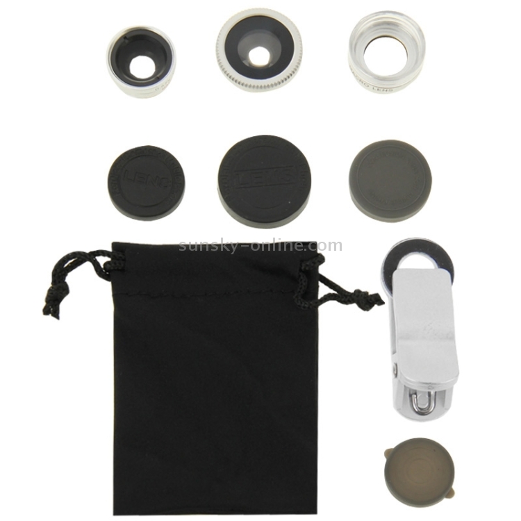 3 in 1 Universal 180 Degree Fisheye Lens + 6X Macro Lens + 0.65X Wide Lens with Clip 3 in 1 Universal 180 Degree Fisheye Lens + 6X Macro Lens + 0.65X Wide Lens with Clip