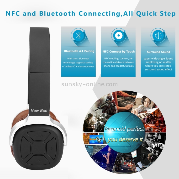 New Bee Wireless Bluetooth Stereo Foldable Headset with Mic, Support Handfree Call & NFC Pairing & Pedometer