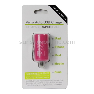 Micro Auto USB in Car Charger for iPad 2 & iPad, iPhone, Mobile, Zune, Output: 5V/2.1A(Pink) Micro Auto USB in Car Charger for iPad 2 & iPad, iPhone, Mobile, Zune, Output: 5V/2.1A(Pink)