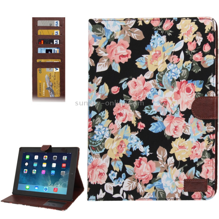 Peony Pattern Denim Texture Leather Case with Credit Card Slots & Holder for iPad 4 / iPad New (iPad 3) / iPad 2