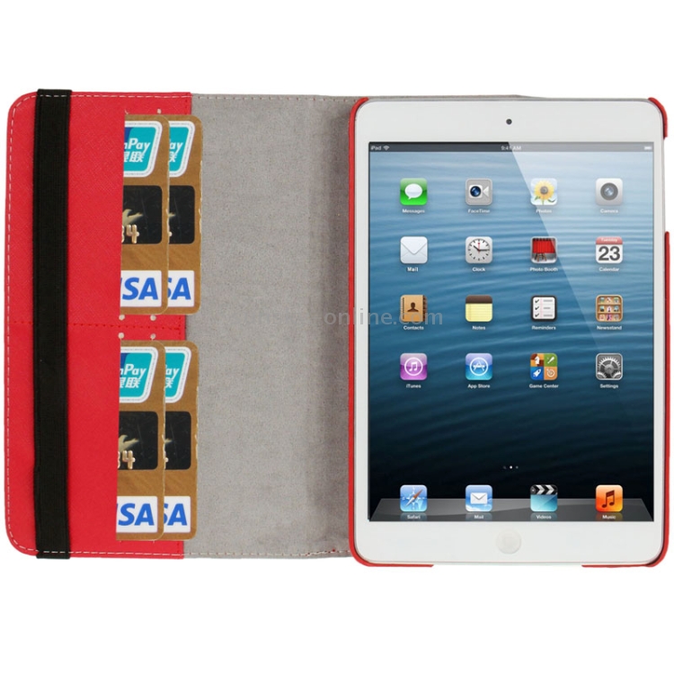 360 Degree Rotation Cross Texture Leather Case with Holder & Credit Card Slots for iPad mini 1 / 2 / 3 (Red) 360 Degree Rotation Cross Texture Leather Case with Holder & Credit Card Slots for iPad mini 1 / 2 / 3 (Red)