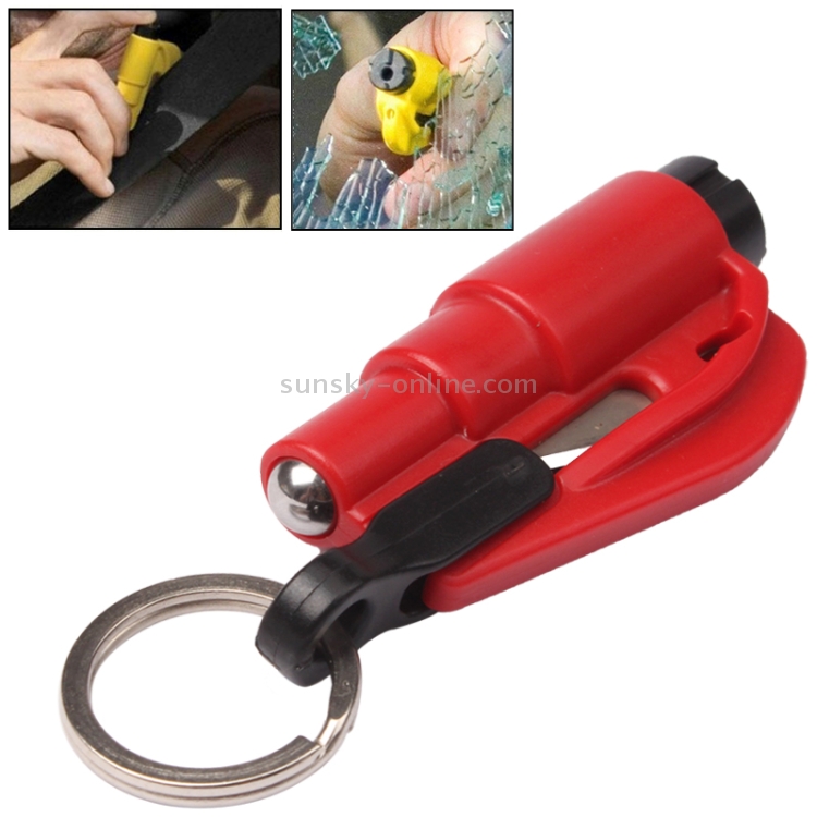 3 in 1 Auto Nothammer / Schlüsselanhänger / Messer Glasscherben tragbares  Werkzeug (rot)