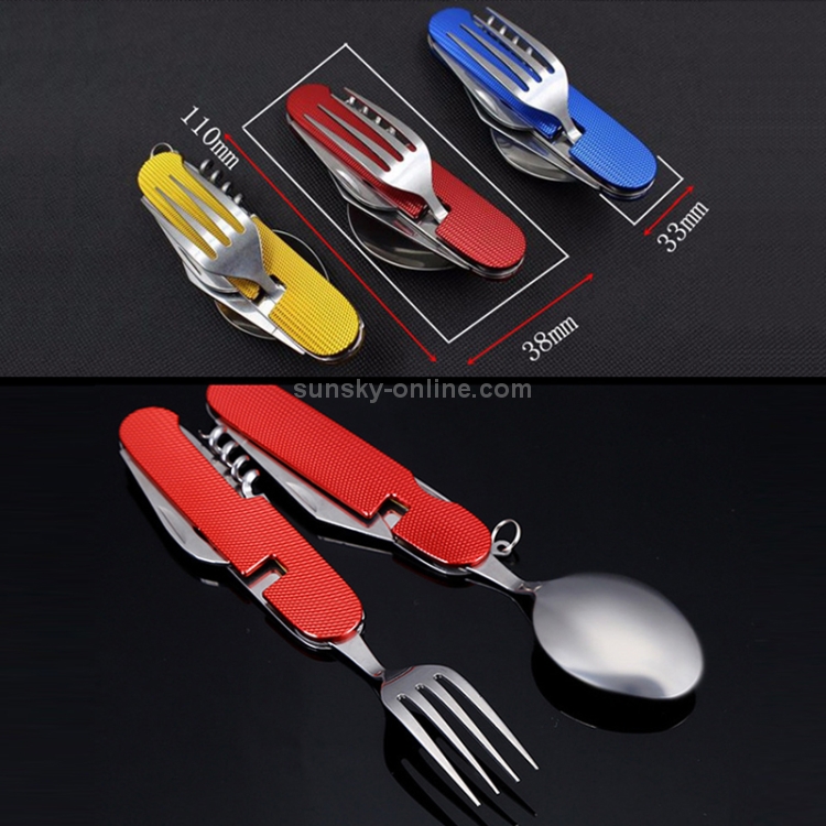 Set di posate pieghevoli da viaggio / campeggio 4 in 1 in acciaio  inossidabile, cucchiaio + forchetta + coltello + set apribottiglie (rosso)
