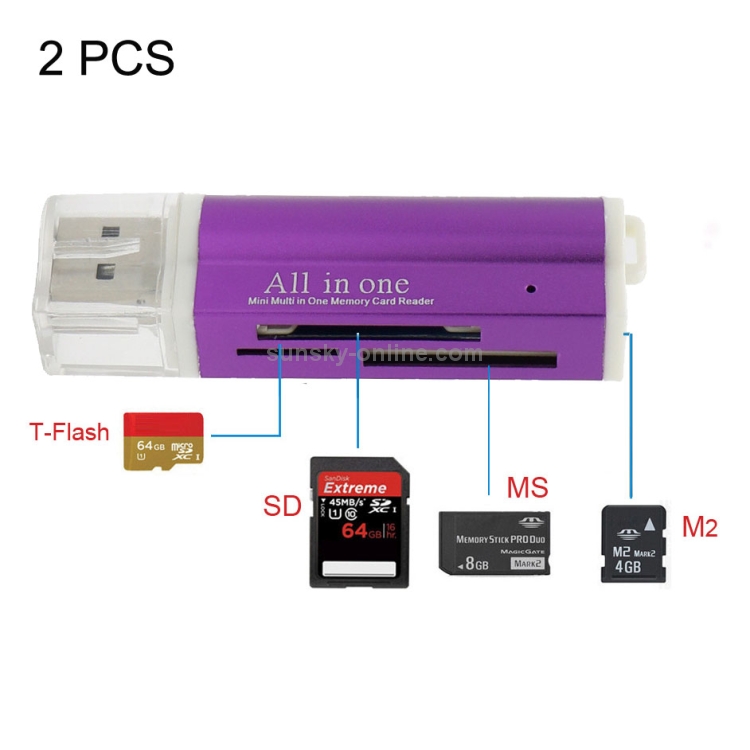 2 PCS Multi All in 1 USB 2.0 Micro SD SDHC TF M2 MMC MS PRO DUO lecteur de carte  mémoire (violet)