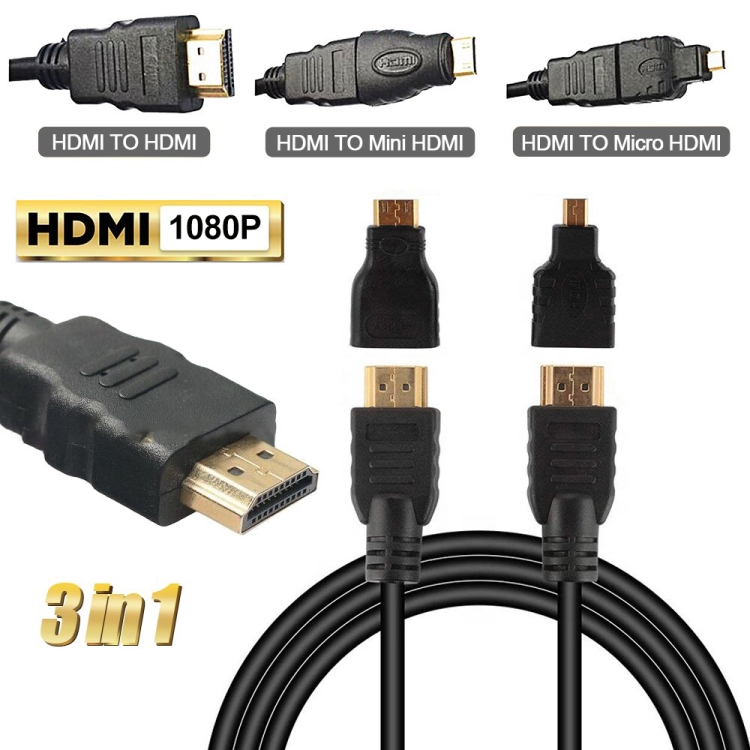 Cabo HDMI 3 in 1 Plug Adapter HDMI Micro Mini 1.5m Full HD