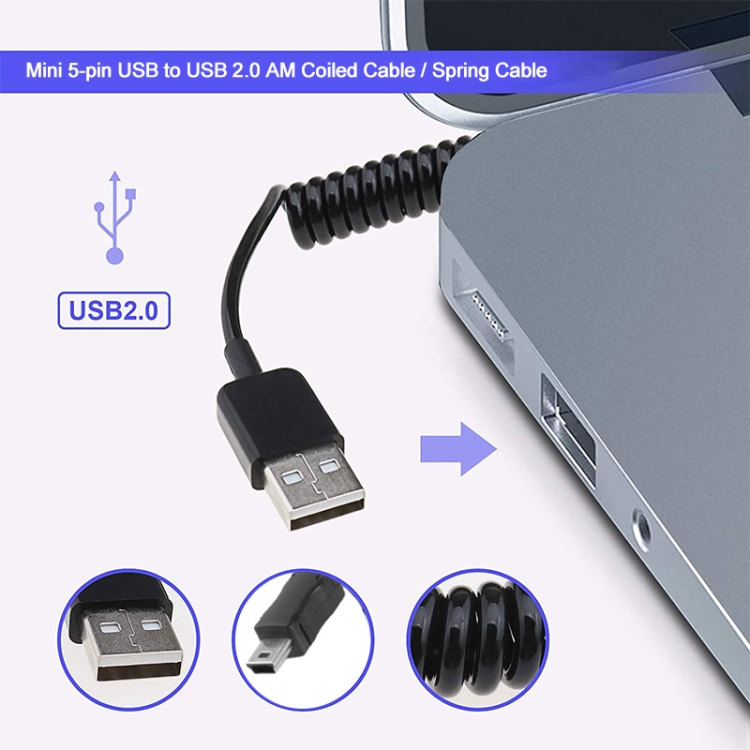 Mini 5-pin USB to USB 2.0 AM Coiled Cable / Spring Cable, Length