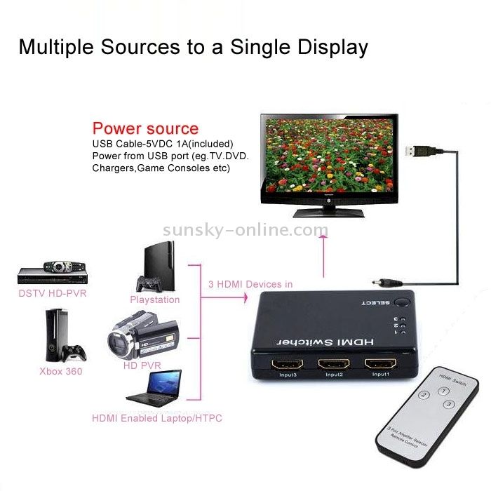 Mini selector 3x1 HD 1080P HDMI V1.3 con control remoto para HDTV / STB / DVD / Proyector / DVR - 8