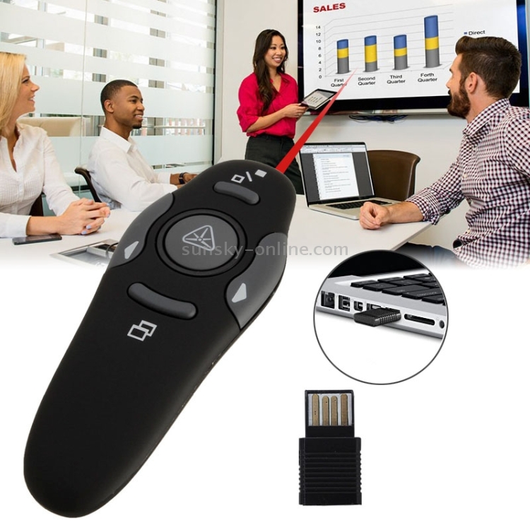 Presentador multimedia con puntero láser y receptor USB para proyector / PC / computadora portátil, distancia de control: 15 m (negro) - 1