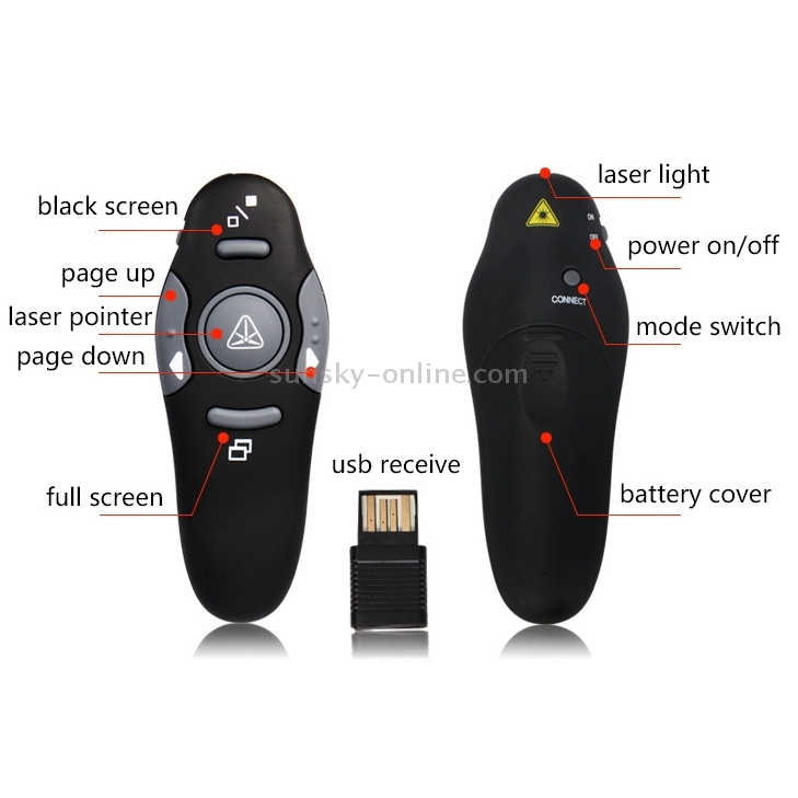 Presentador multimedia con puntero láser y receptor USB para proyector / PC / computadora portátil, distancia de control: 15 m (negro) - 4