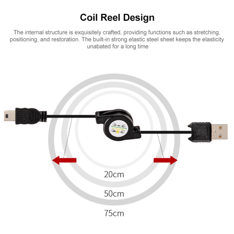 USB 2.0 to Mini 5 Pin USB Retractable Data & Charger Cable for Motorola V3  / Mobile Phone / MP3 / MP4 / Digital Camera / GPS, Length: 10cm (Can be  Extended to 80cm), Black(Black)