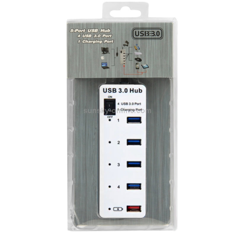 4 puertos USB 3.0 + 1 puerto Hub de carga rápida con interruptor de encendido / apagado (BYL-3011) (blanco) - 3