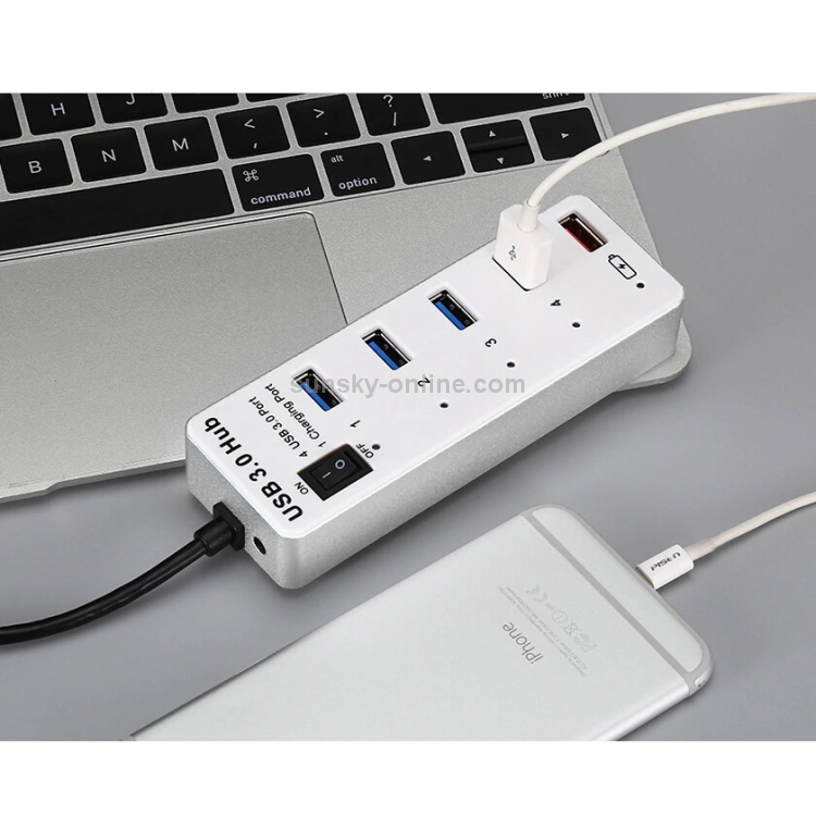 4 puertos USB 3.0 + 1 puerto Hub de carga rápida con interruptor de encendido / apagado (BYL-3011) (blanco) - 4