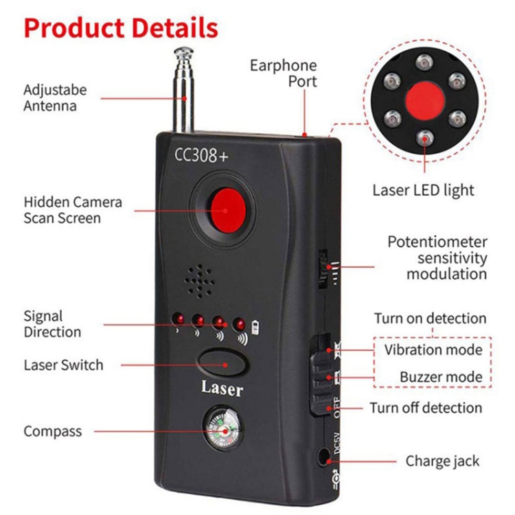 Ip Lens/ Gms Bug Cc308 Rf Signal Detector Finder Detector For Hidden Camera 
