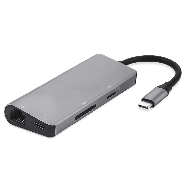 TY-02 Adaptador HUB multipuerto USB-C / Type-C 7 en 1 con salida HDMI, lector de tarjetas TF / SD, 2 puertos USB 3.0, suministro de energía USB-C / Type-C, RJ45 Gigabit Ethernet para MacBook Pro (plata) - 1