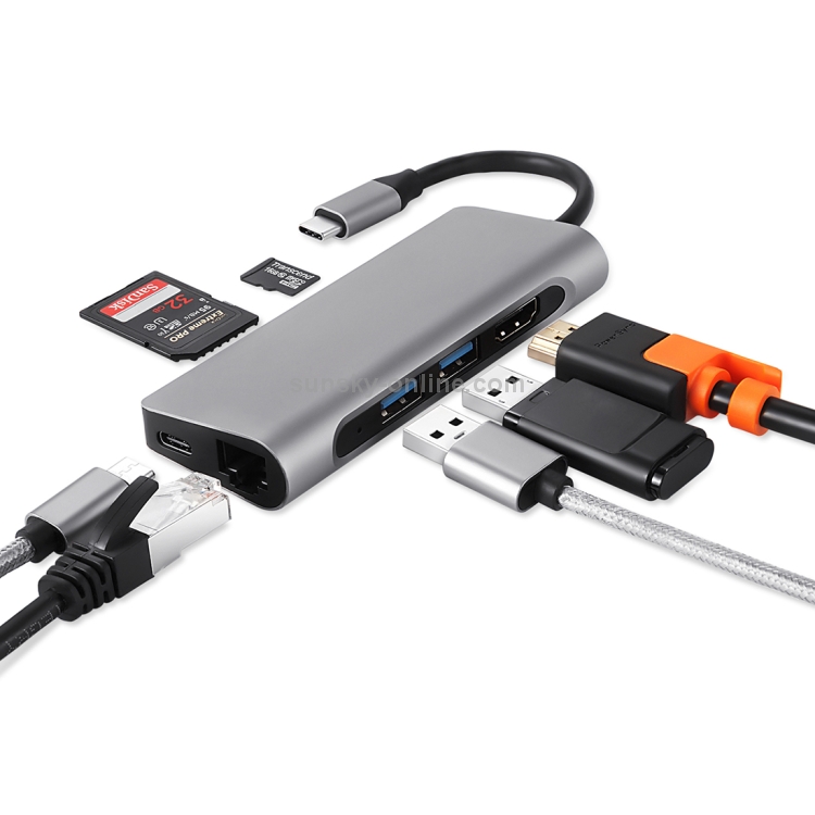 TY-02 Adaptador HUB multipuerto USB-C / Type-C 7 en 1 con salida HDMI, lector de tarjetas TF / SD, 2 puertos USB 3.0, suministro de energía USB-C / Type-C, RJ45 Gigabit Ethernet para MacBook Pro (plata) - 3