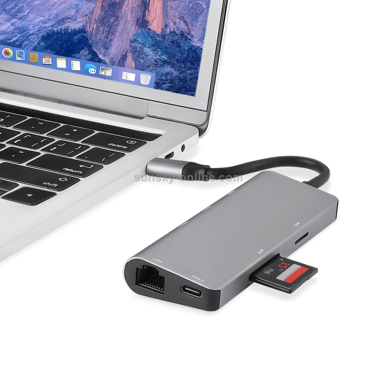 TY-02 Adaptador HUB multipuerto USB-C / Type-C 7 en 1 con salida HDMI, lector de tarjetas TF / SD, 2 puertos USB 3.0, suministro de energía USB-C / Type-C, RJ45 Gigabit Ethernet para MacBook Pro (plata) - 4