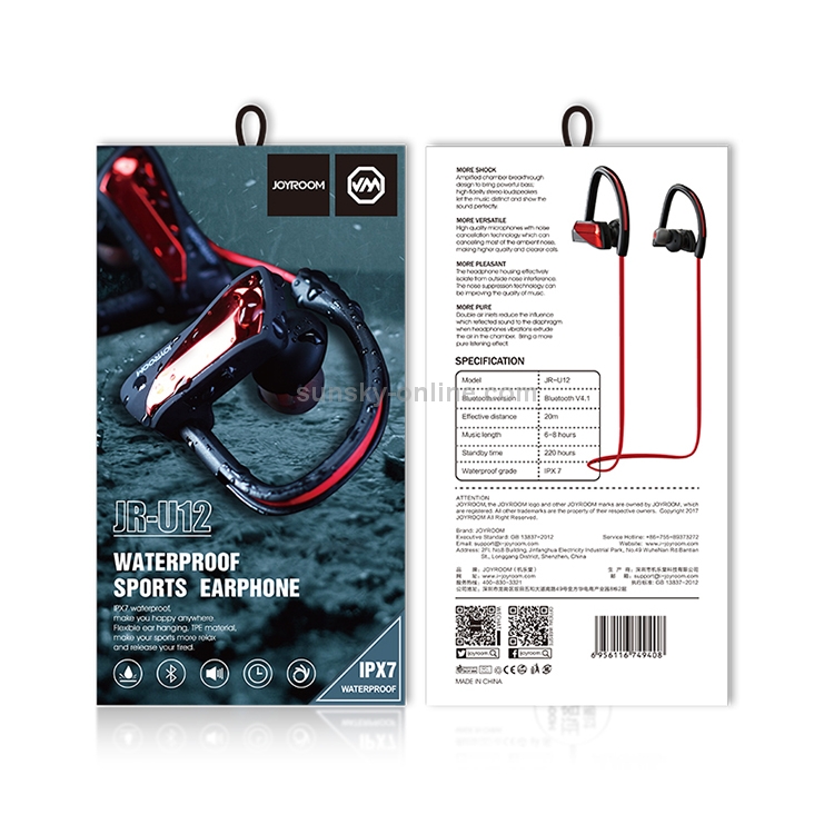 JOYROOM JR-U12 Wireless Bluetooth In-ear Headphone Sports Headset with Mic, IPX7 Waterproof JOYROOM JR-U12 Wireless Bluetooth In-ear Headphone Sports Headset with Mic, IPX7 Waterproof