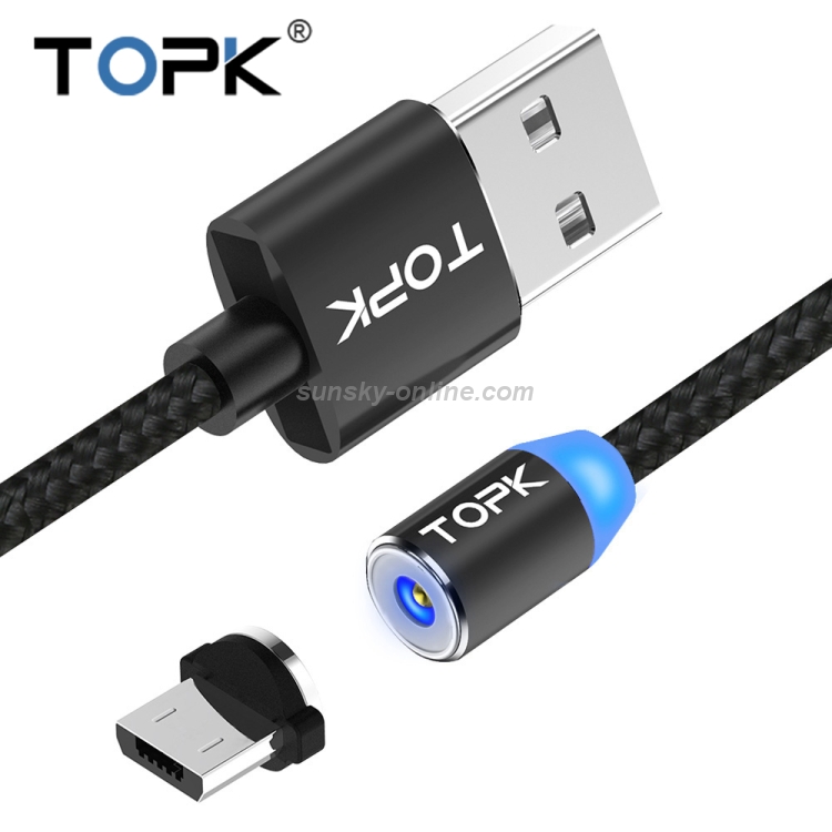 TOPK AM23 1m 2.4A Max USB to Micro USB Nylon Braided Magnetic Charging  Cable with LED Indicator(Black)