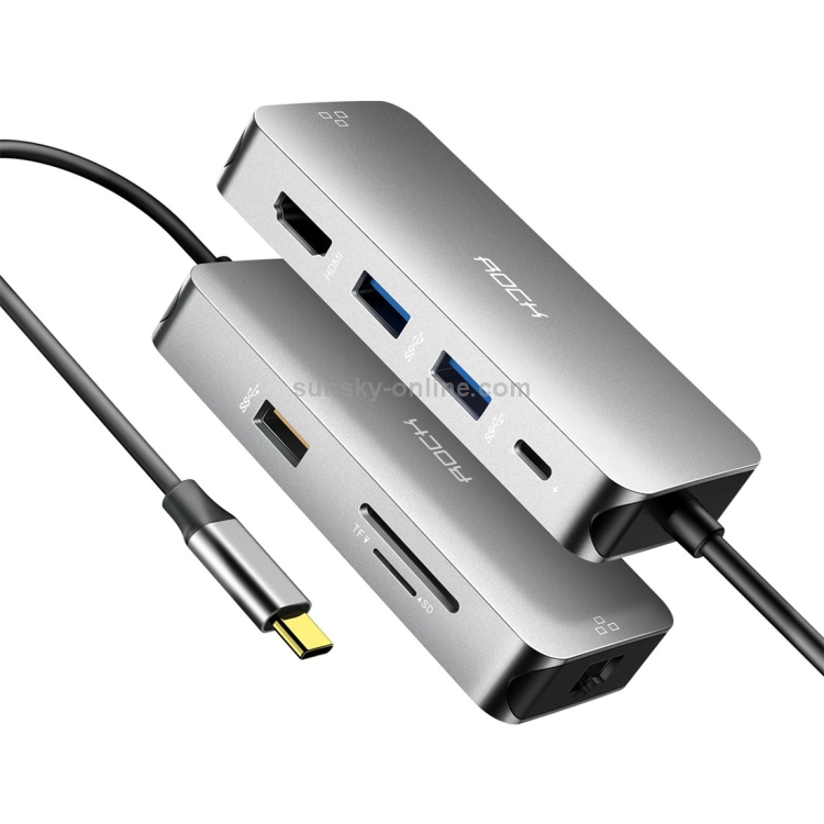 ROCK 8 in 1 USB Hub Type-C to 4K HDMI + RJ45 + USB*3 + SD&TF Card Reader + PD Multifunctional Adapter Converter ROCK 8 in 1 USB Hub Type-C to 4K HDMI + RJ45 + USB*3 + SD&TF Card Reader + PD Multifunctional Adapter Converter
