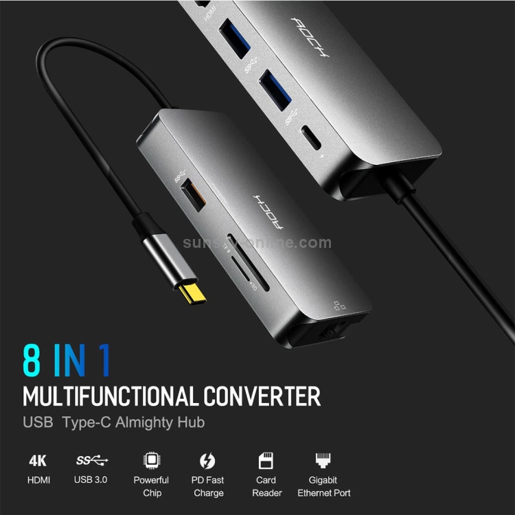 ROCK 8 in 1 USB Hub Type-C to 4K HDMI + RJ45 + USB*3 + SD&TF Card Reader + PD Multifunctional Adapter Converter ROCK 8 in 1 USB Hub Type-C to 4K HDMI + RJ45 + USB*3 + SD&TF Card Reader + PD Multifunctional Adapter Converter