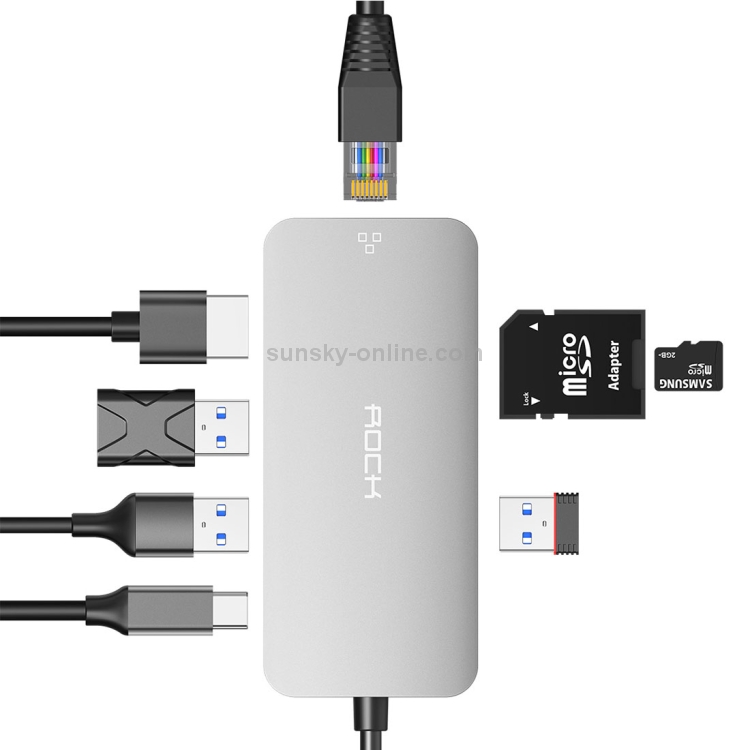 ROCK 8 in 1 USB Hub Type-C to 4K HDMI + RJ45 + USB*3 + SD&TF Card Reader + PD Multifunctional Adapter Converter ROCK 8 in 1 USB Hub Type-C to 4K HDMI + RJ45 + USB*3 + SD&TF Card Reader + PD Multifunctional Adapter Converter