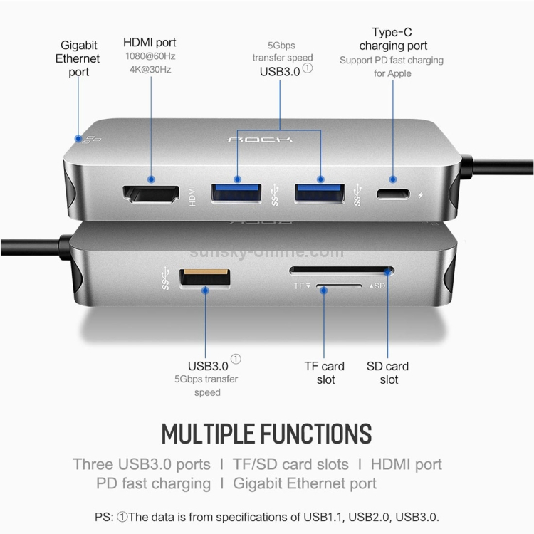 ROCK 8 in 1 USB Hub Type-C to 4K HDMI + RJ45 + USB*3 + SD&TF Card Reader + PD Multifunctional Adapter Converter ROCK 8 in 1 USB Hub Type-C to 4K HDMI + RJ45 + USB*3 + SD&TF Card Reader + PD Multifunctional Adapter Converter