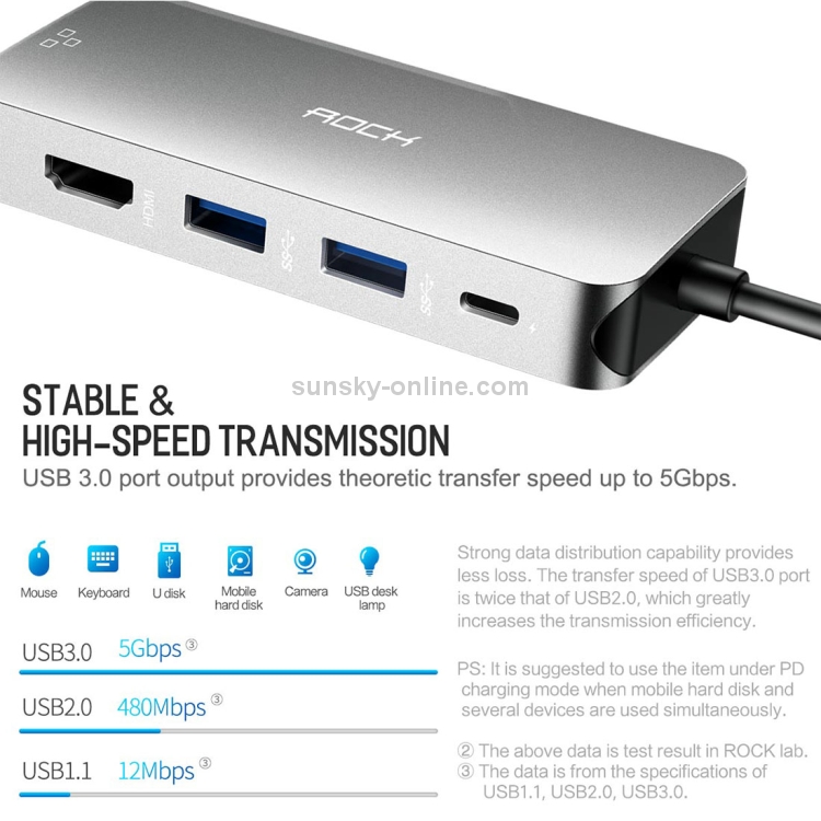 ROCK 8 in 1 USB Hub Type-C to 4K HDMI + RJ45 + USB*3 + SD&TF Card Reader + PD Multifunctional Adapter Converter ROCK 8 in 1 USB Hub Type-C to 4K HDMI + RJ45 + USB*3 + SD&TF Card Reader + PD Multifunctional Adapter Converter