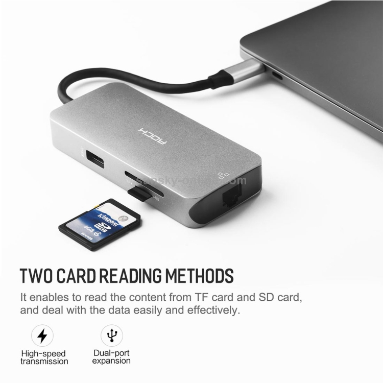 ROCK 8 in 1 USB Hub Type-C to 4K HDMI + RJ45 + USB*3 + SD&TF Card Reader + PD Multifunctional Adapter Converter ROCK 8 in 1 USB Hub Type-C to 4K HDMI + RJ45 + USB*3 + SD&TF Card Reader + PD Multifunctional Adapter Converter