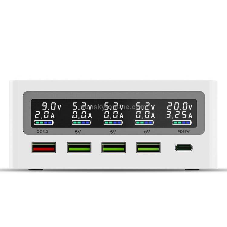 6 in 1 QC 3.0 USB Interface + 3 USB Ports + PD 65W Ports + QI Wireless Fast Charging Multi-function Charger with LED Display, US Plug(White) 6 in 1 QC 3.0 USB Interface + 3 USB Ports + PD 65W Ports + QI Wireless Fast Charging Multi-function Charger with LED Display, US Plug(White)