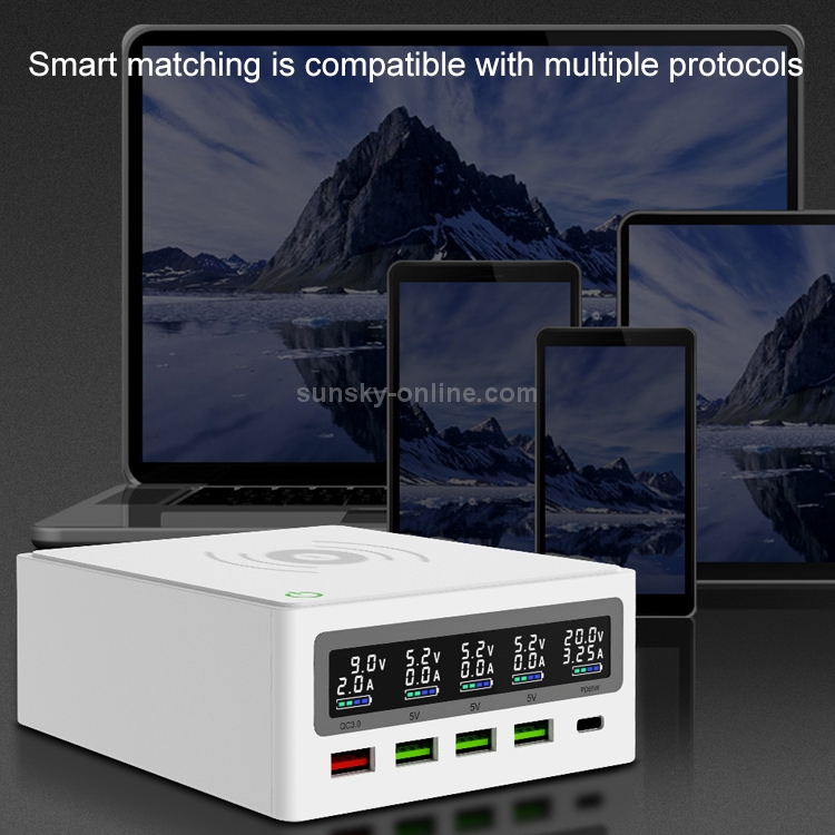 6 in 1 QC 3.0 USB Interface + 3 USB Ports + PD 65W Ports + QI Wireless Fast Charging Multi-function Charger with LED Display, US Plug(White) 6 in 1 QC 3.0 USB Interface + 3 USB Ports + PD 65W Ports + QI Wireless Fast Charging Multi-function Charger with LED Display, US Plug(White)