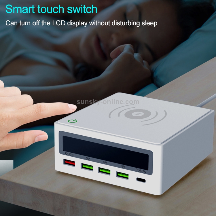 6 in 1 QC 3.0 USB Interface + 3 USB Ports + PD 65W Ports + QI Wireless Fast Charging Multi-function Charger with LED Display, US Plug(White) 6 in 1 QC 3.0 USB Interface + 3 USB Ports + PD 65W Ports + QI Wireless Fast Charging Multi-function Charger with LED Display, US Plug(White)