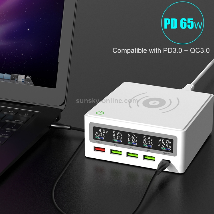 6 in 1 QC 3.0 USB Interface + 3 USB Ports + PD 65W Ports + QI Wireless Fast Charging Multi-function Charger with LED Display, US Plug(White) 6 in 1 QC 3.0 USB Interface + 3 USB Ports + PD 65W Ports + QI Wireless Fast Charging Multi-function Charger with LED Display, US Plug(White)
