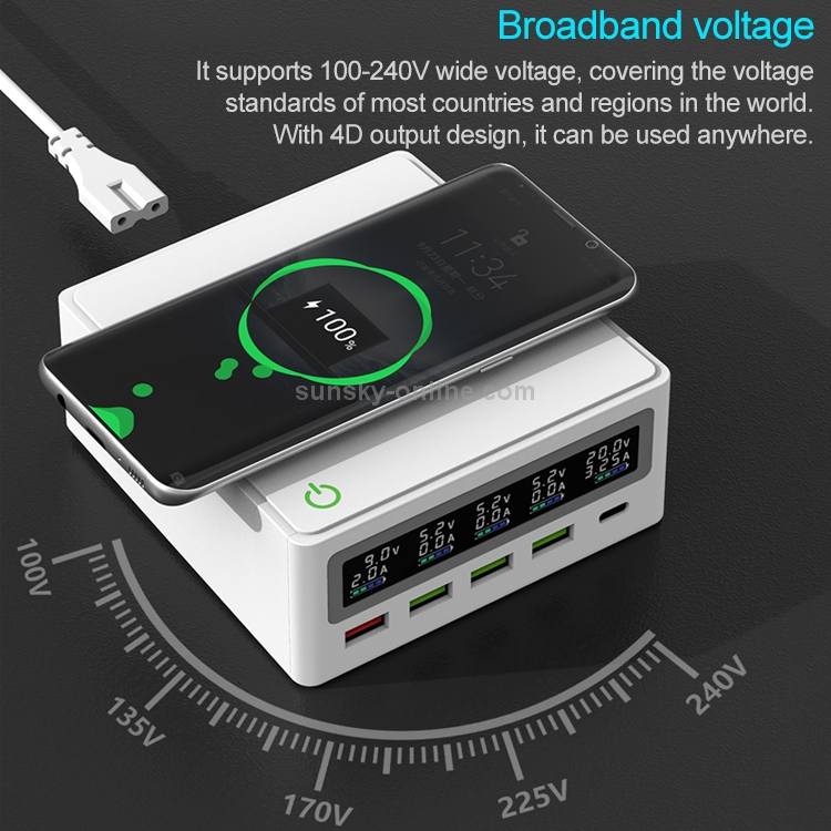 6 in 1 QC 3.0 USB Interface + 3 USB Ports + PD 65W Ports + QI Wireless Fast Charging Multi-function Charger with LED Display, US Plug(White) 6 in 1 QC 3.0 USB Interface + 3 USB Ports + PD 65W Ports + QI Wireless Fast Charging Multi-function Charger with LED Display, US Plug(White)