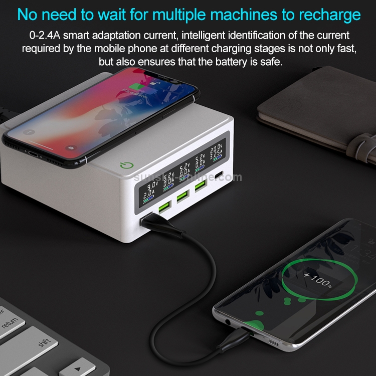 6 in 1 QC 3.0 USB Interface + 3 USB Ports + PD 65W Ports + QI Wireless Fast Charging Multi-function Charger with LED Display, US Plug(White) 6 in 1 QC 3.0 USB Interface + 3 USB Ports + PD 65W Ports + QI Wireless Fast Charging Multi-function Charger with LED Display, US Plug(White)