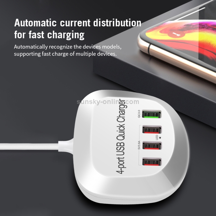 WLX-T3+ 4 Ports Smart Quick Charging USB Travel Charger Power Adapter, UK Plug WLX-T3+ 4 Ports Smart Quick Charging USB Travel Charger Power Adapter, UK Plug